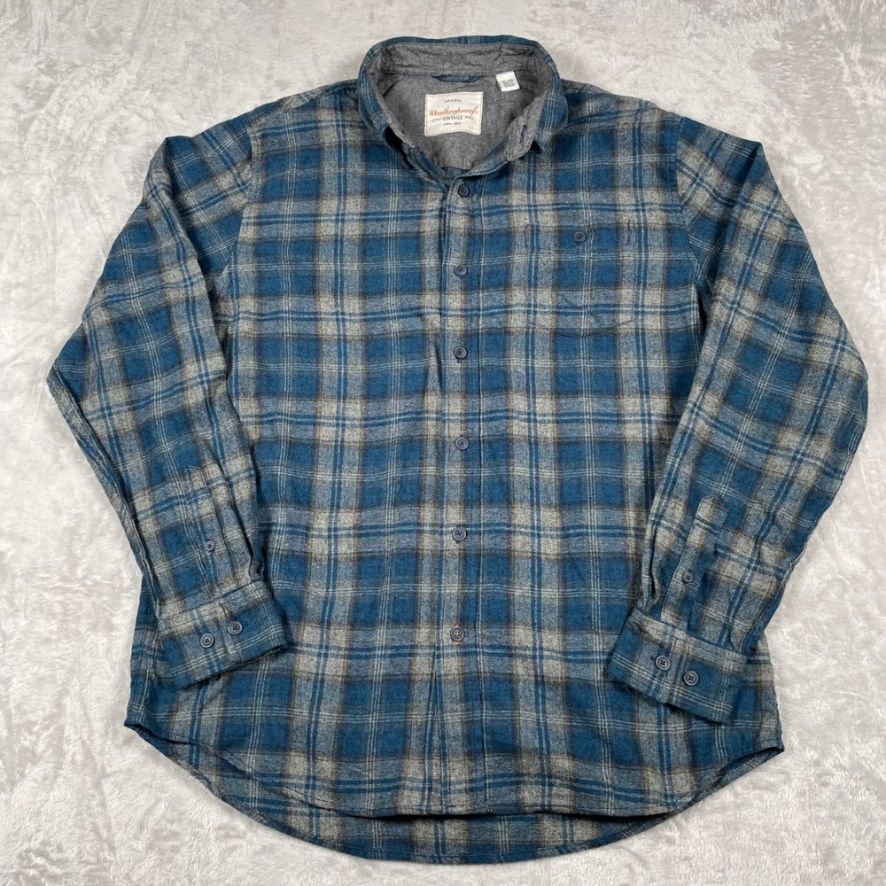 Weatherproof Vintage Flannel Shirt Mens XL Blue Gray Plaid Button Up Long Sleeve